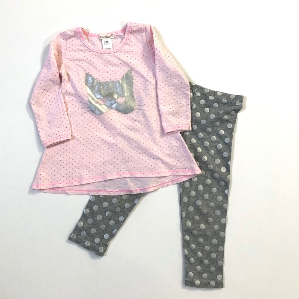 Everbloom Cat Tunic & Polka Dot Leggings Outfit 3T